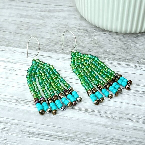 Green Beaded Fringe Dangle Earrings, 2" - Picture 4 of 6